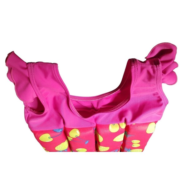 Little Girls Pink  Green Flotation Swim Suit  Size M  Strawberry Cherry Ruffles - Picture 3 of 5